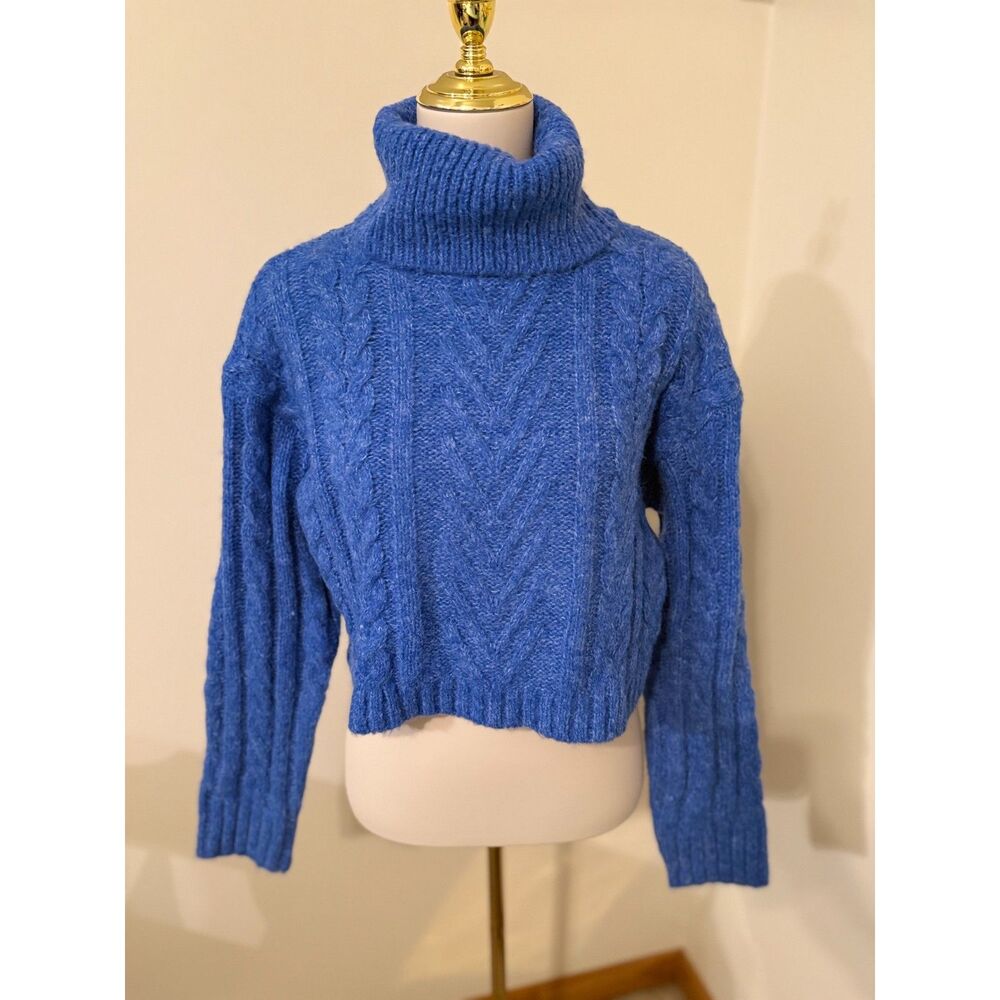 Paliskates Cobalt Blue Cable Knit Cropped Turtleneck Sweater M NWT
